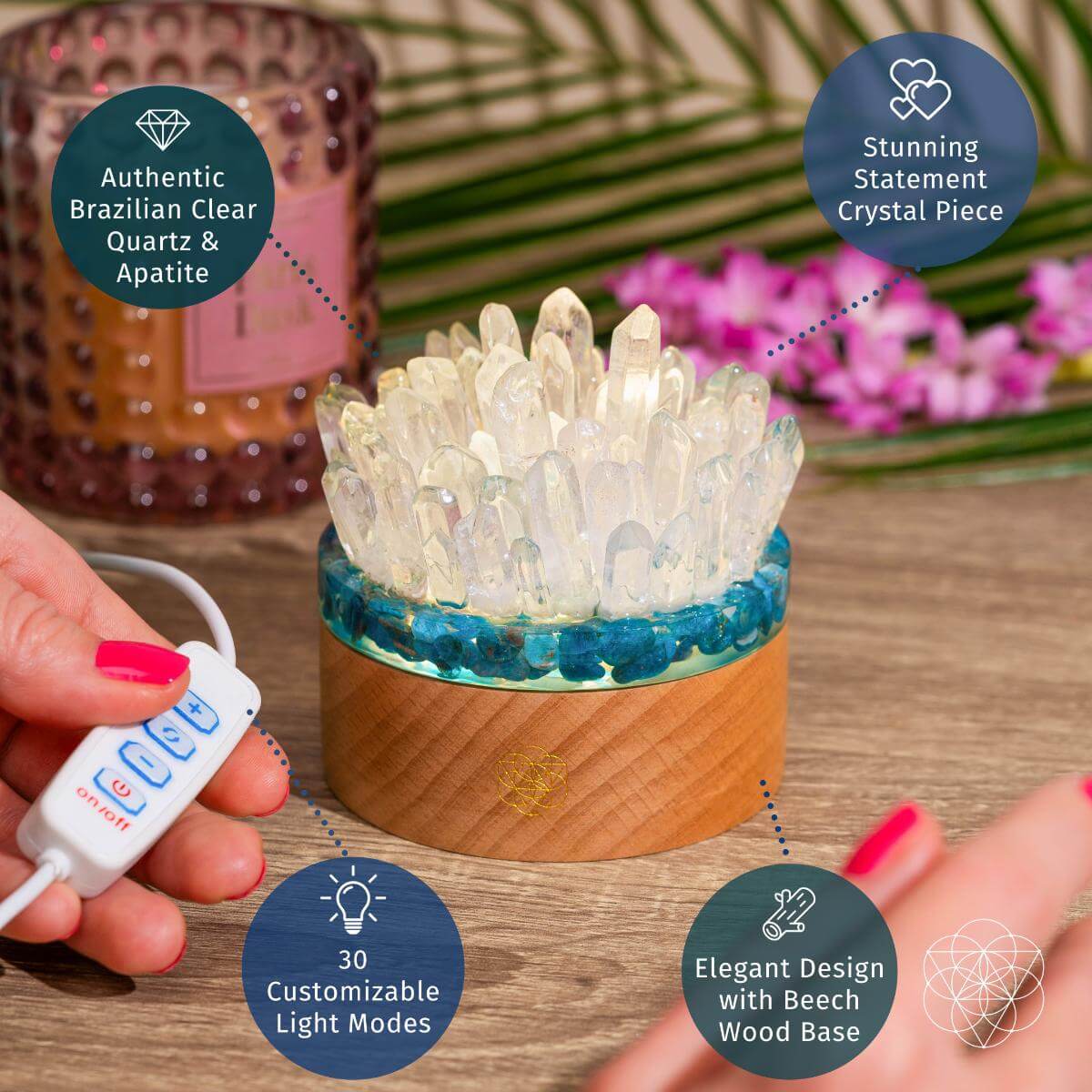 Lampe de nuit en quartz et apatite pour la confiance et l'énergie positive - Décoration en cristal de guérison