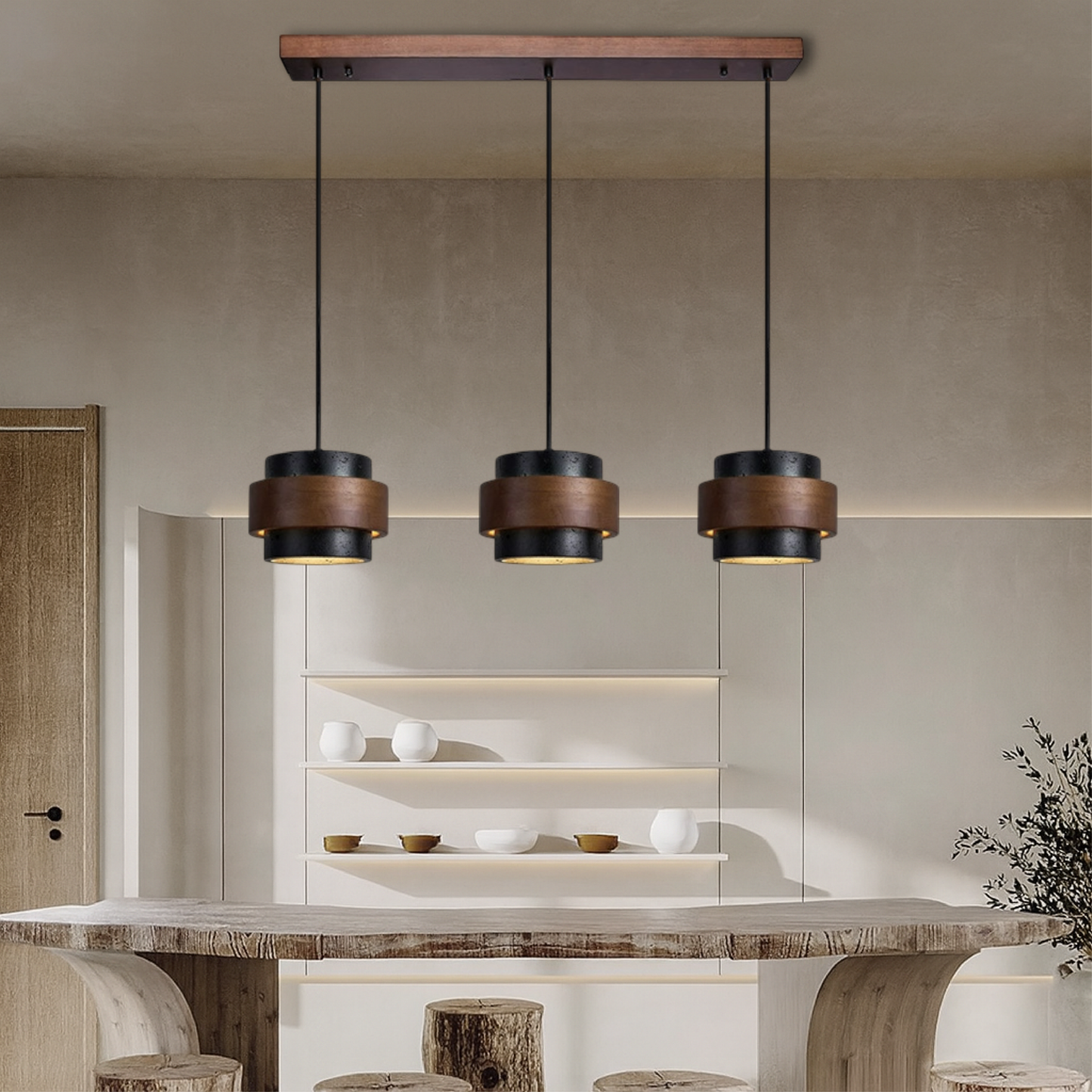 3-Kopf Schwarze Travertin Pendelleuchte