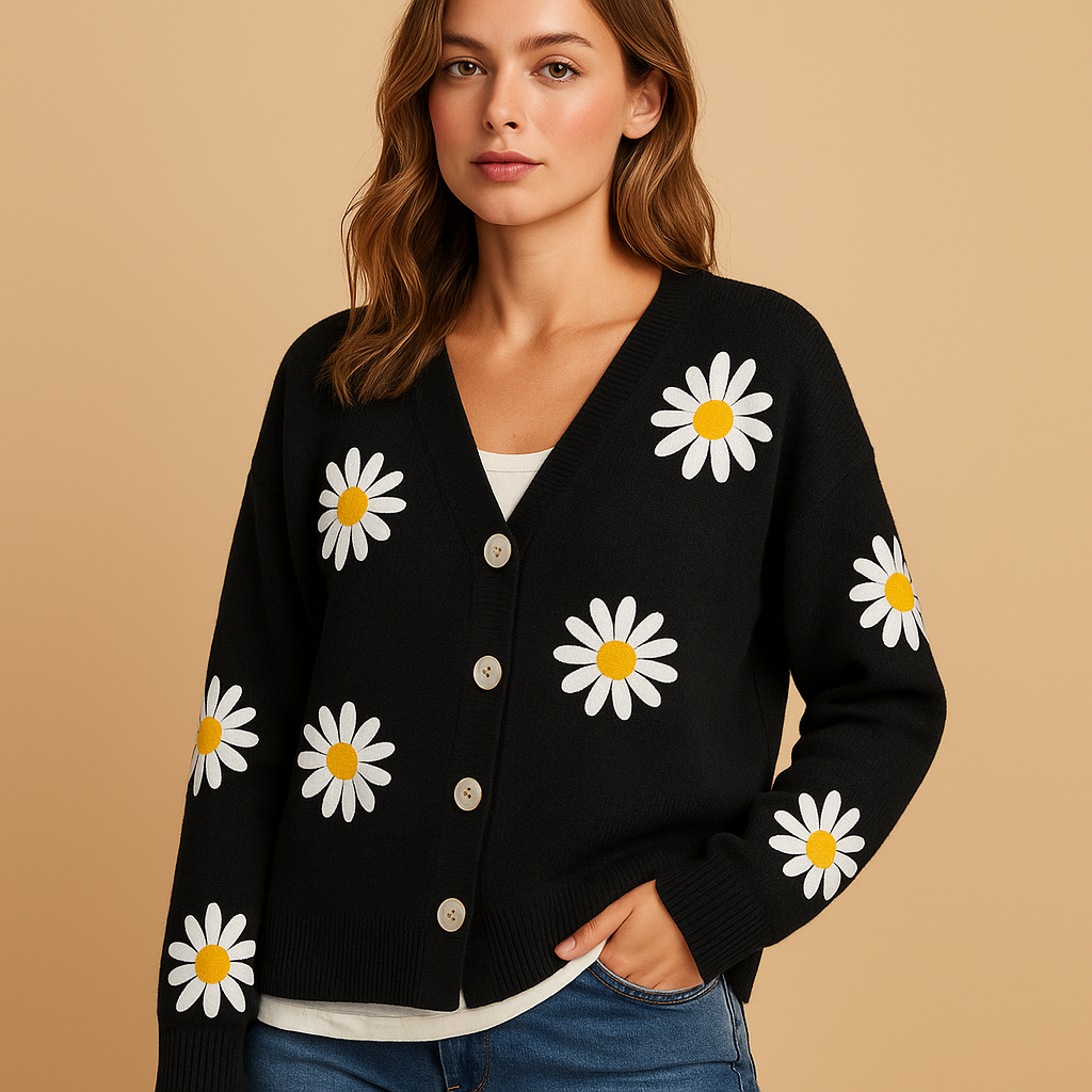Damen Strickjacke mit Knöpfen – Florales Muster et Gemütlichkeit