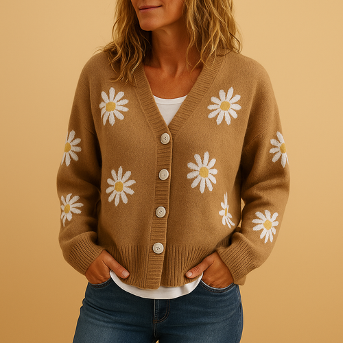 Damen Strickjacke mit Knöpfen – Florales Muster et Gemütlichkeit