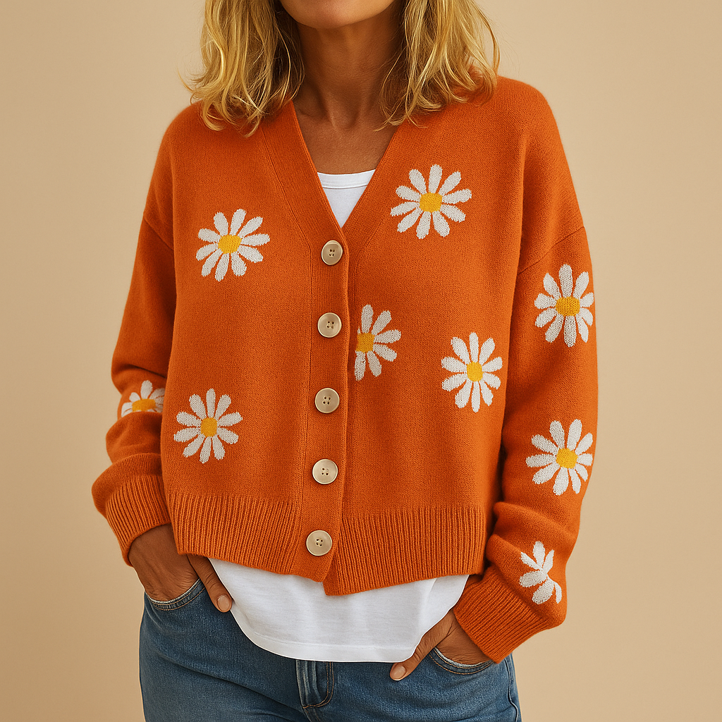 Dames Gebreide Cardigan met Knopen – Bloemenpatroon et Gezellig Gevoel