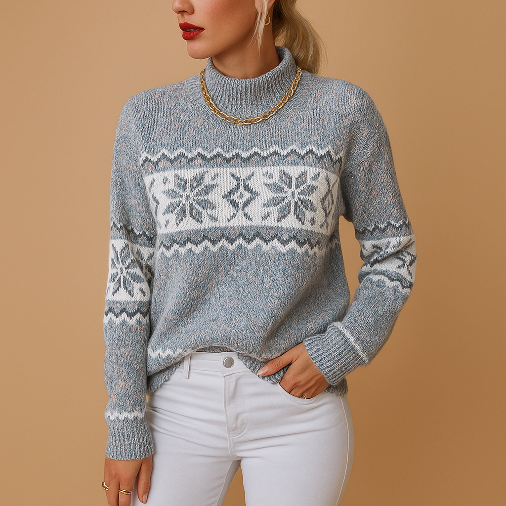 Langer gestrickter Weihnachts-Pullover für Frauen mit Schneeflocken-Muster