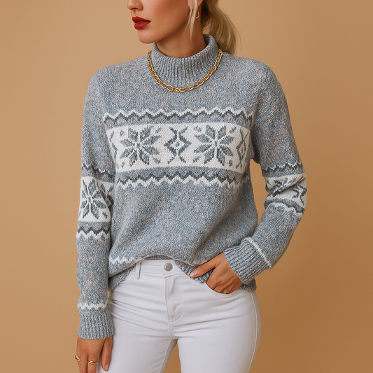 Langer gestrickter Weihnachts-Pullover für Frauen mit Schneeflocken-Muster
