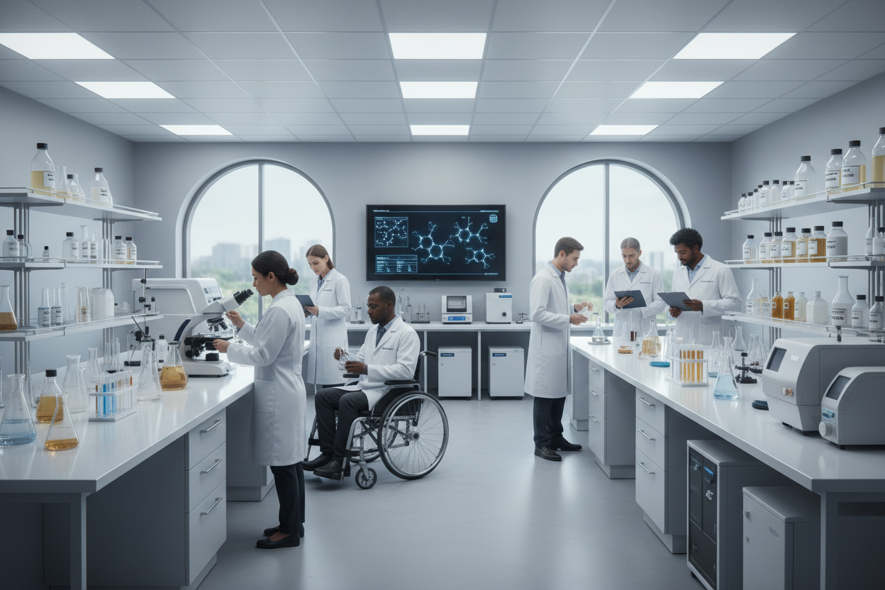 generate a labo for hair treatment serum with people working on it