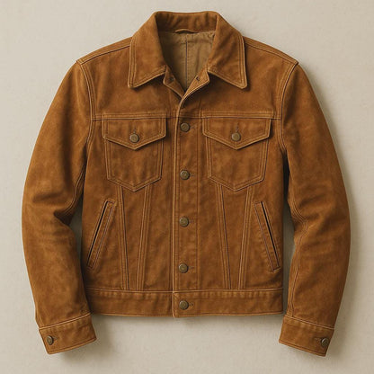 Braune Wildleder-Leder Truckerjacke im Vintage Western-Stil