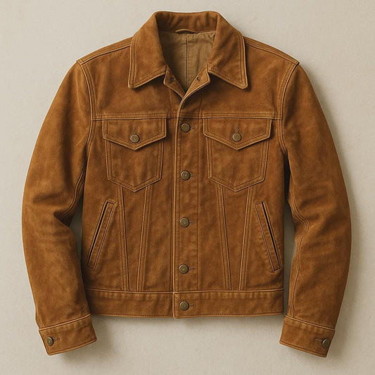 Braune Wildleder-Leder Truckerjacke im Vintage Western-Stil