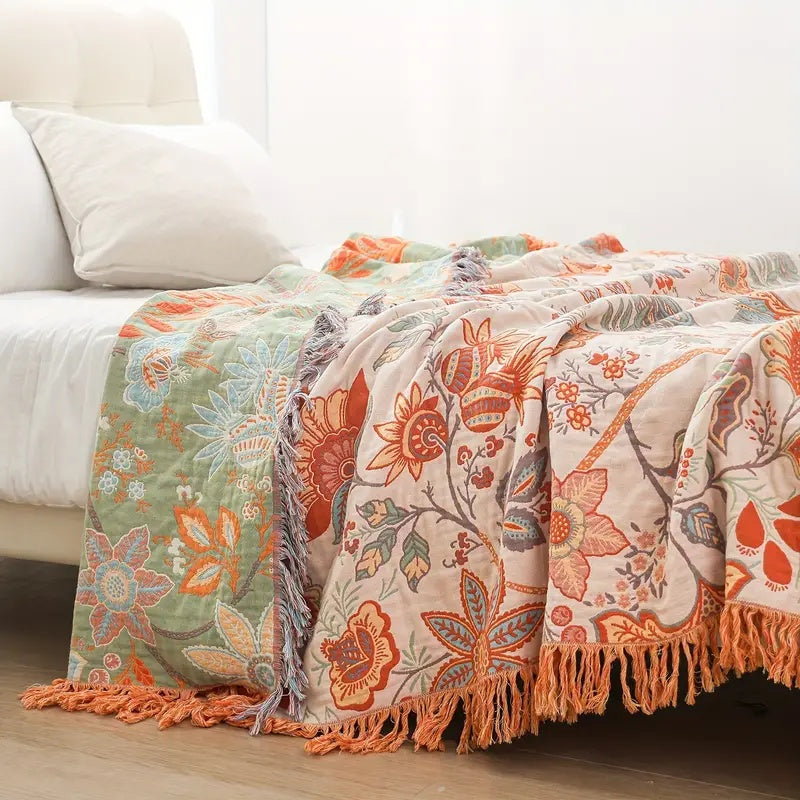 Boho Floral Cotton Throw Blanket | Rustic Home Decor Blanket
