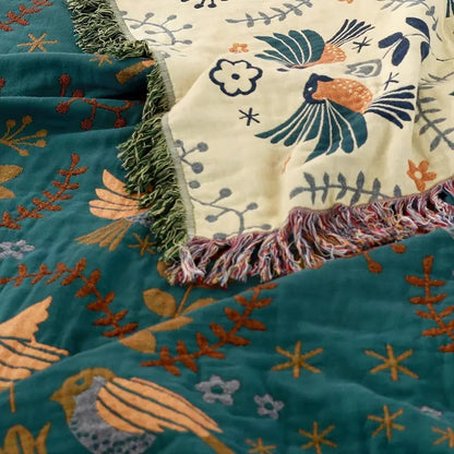 Couverture réversible en coton à motifs d'oiseaux | Plaid scandinave douillet pour la maison