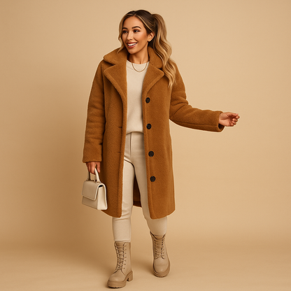 Beiger langer Teddy-Mantel für Damen – Oversized Winterjacke für Frauen