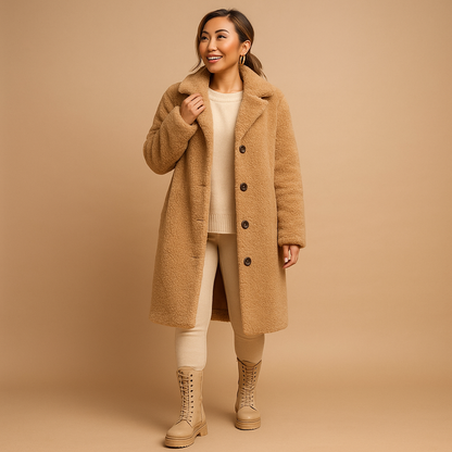 Beiger langer Teddy-Mantel für Damen – Oversized Winterjacke für Frauen