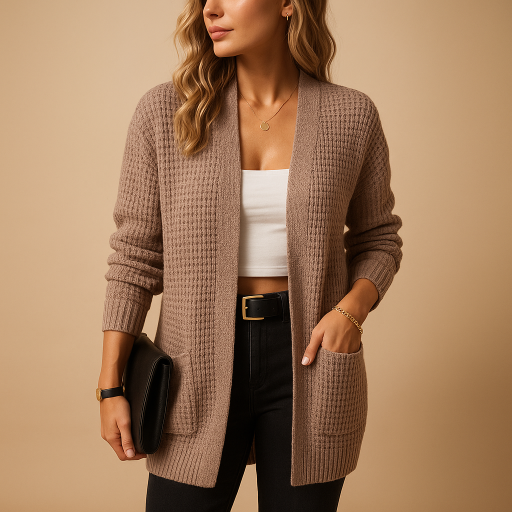 Damen langer V-Ausschnitt Cardigan mit Taschen – Müheloser Stil und Komfort