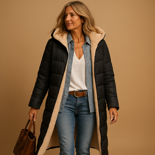 Damen langer gepolsterter Mantel – Steppdesign & Winterwärme
