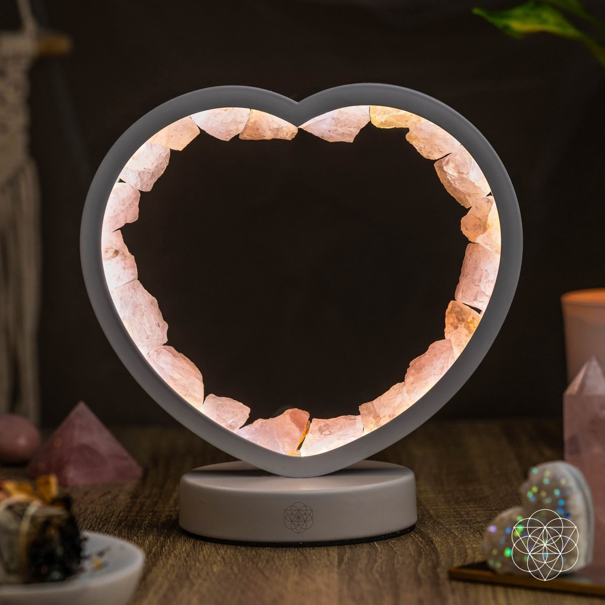 Lampe de nuit en forme de cœur en quartz rose - Aimant d'amour en cristal de guérison pour la décoration intérieure