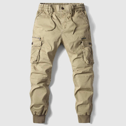 Pantalons cargo pour hommes avec design à plusieurs poches et élastiques au niveau des boutons