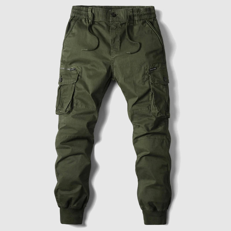 Pantalons cargo pour hommes avec design à plusieurs poches et élastiques au niveau des boutons