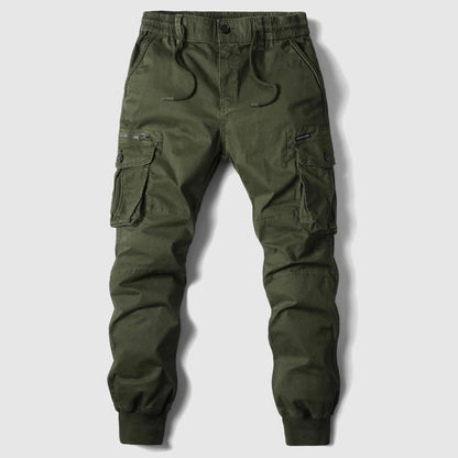 Pantalons cargo pour hommes avec design à plusieurs poches et élastiques au niveau des boutons
