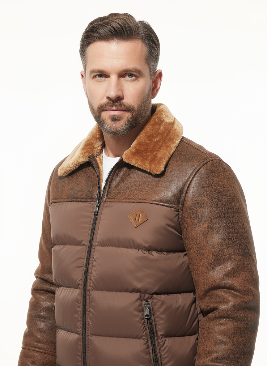 Herren Freizeit Pufferjacke mit Kunstfellkragen – Warmer einfarbiger Reißverschlussmantel