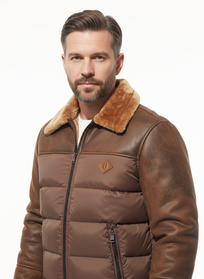 Herren Freizeit Pufferjacke mit Kunstfellkragen – Warmer einfarbiger Reißverschlussmantel