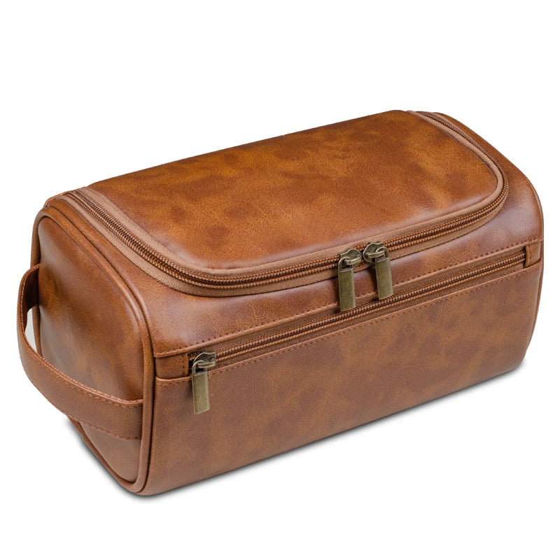 Qualitativ Leder-Kulturbeutel | Dreilagiges Wasserabweisendes Design | Integrierter Metallhaken zum Aufhängen | 25x13x13 cm | Kompakter Travel-Organizer mit Schnellzugriffsfach