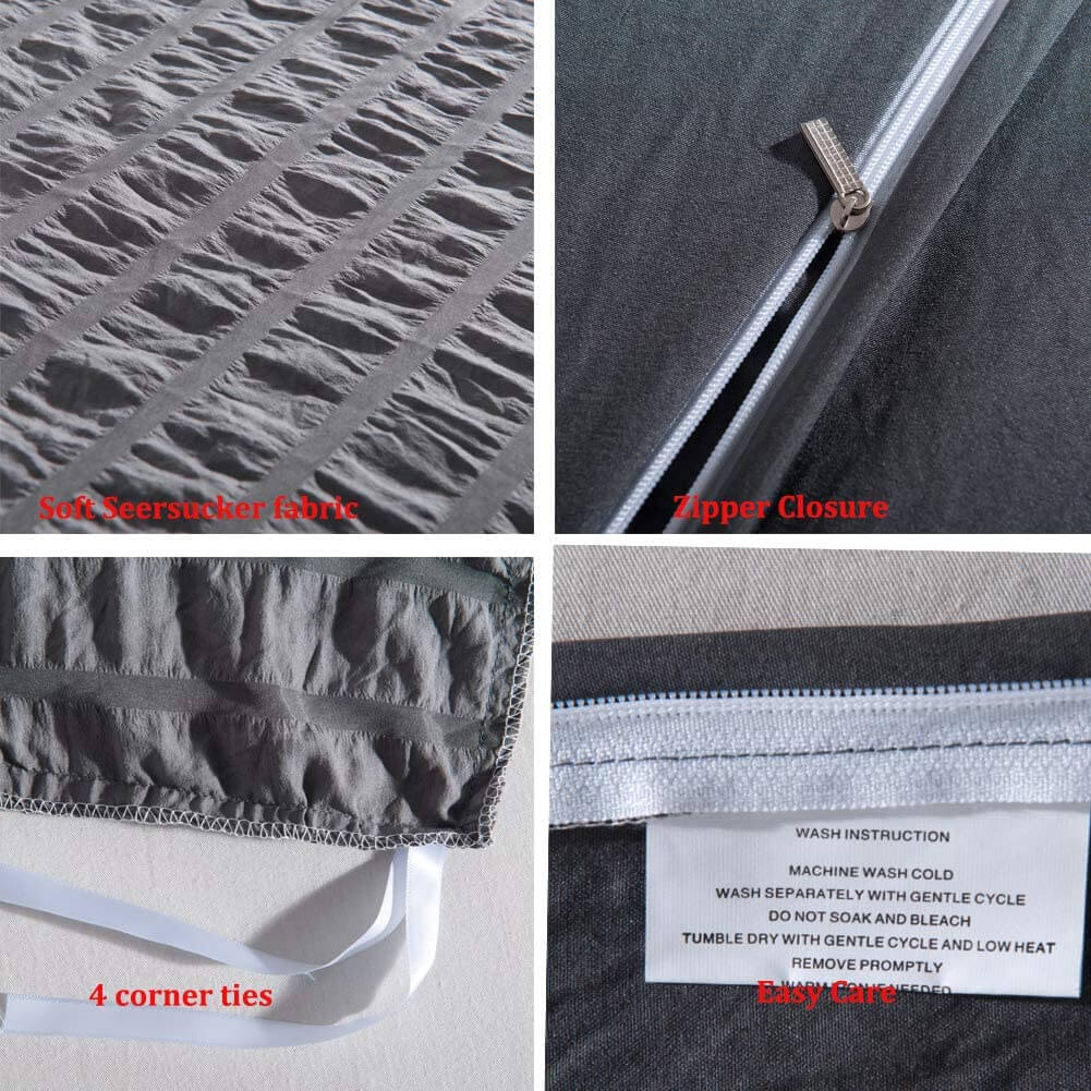 Parure de lit en coton seersucker doux - Gris - Tailles : Grand, Queen, King