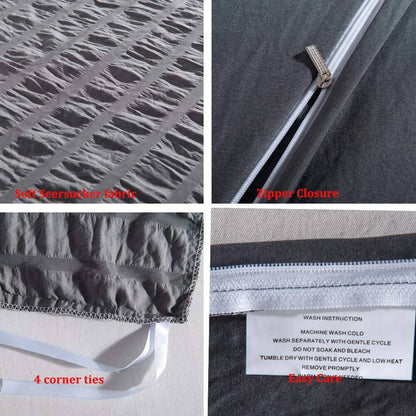 Parure de lit en coton seersucker doux - Gris - Tailles : Grand, Queen, King