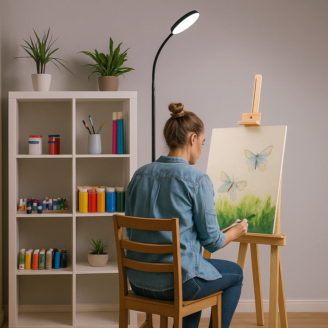 LED-Stehlampe im minimalistischen Design mit warmem Licht