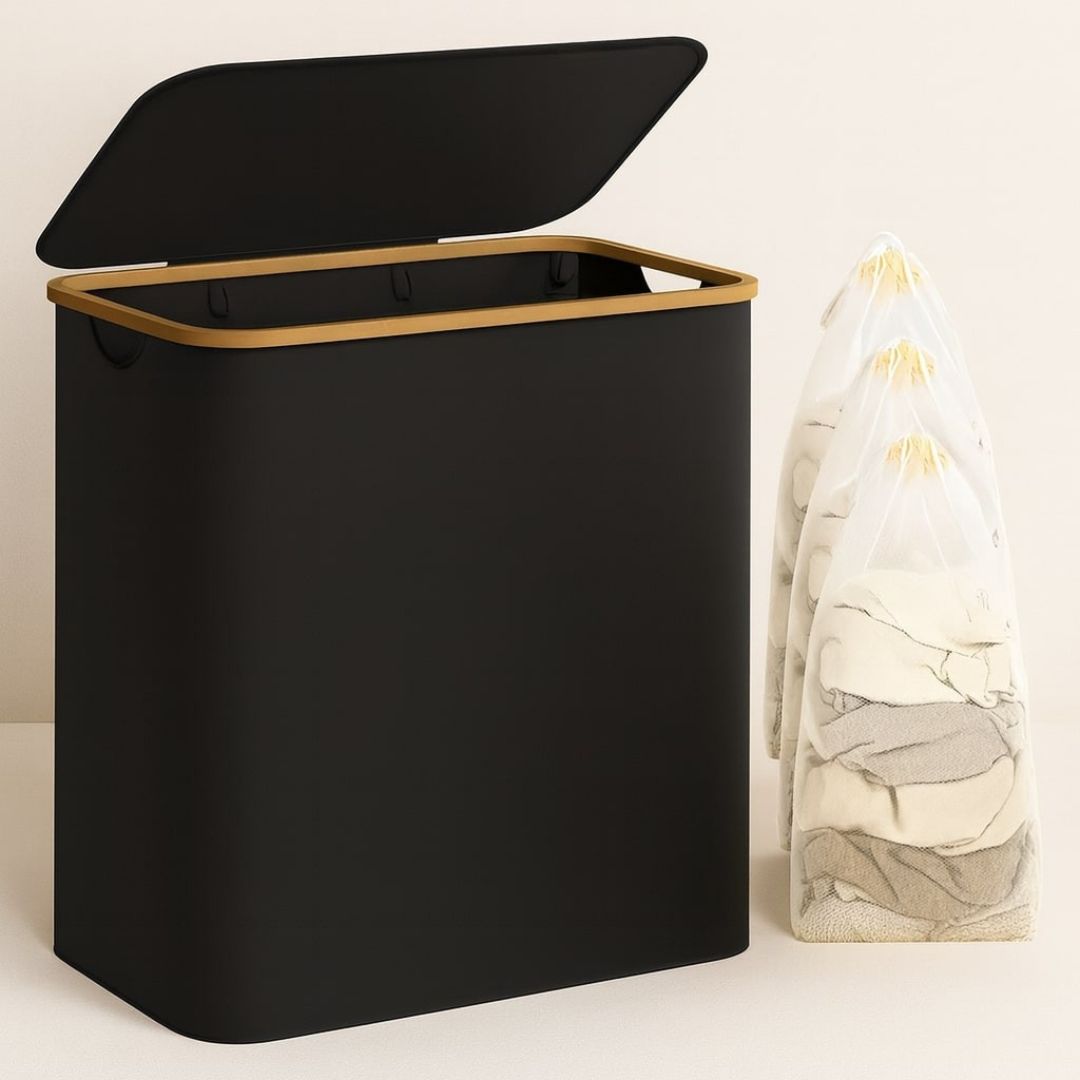 Wäschekorb mit Deckel | Wäsche Sammler mit 3 Fächern in Schwarz, Beige & Grau | LaundryBox