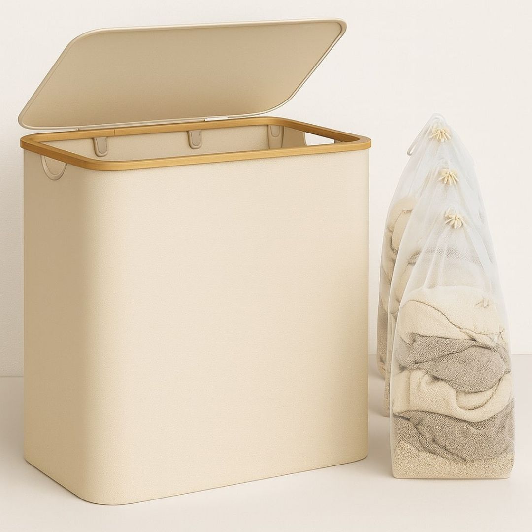 Wäschekorb mit Deckel | Wäsche Sammler mit 3 Fächern in Schwarz, Beige & Grau | LaundryBox